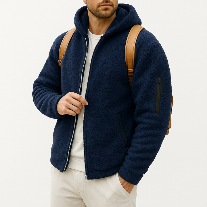 Men's fleece hoodie jacket in neutral color, full-zip style with adjustable hood and pockets, provides warmth and elegance.