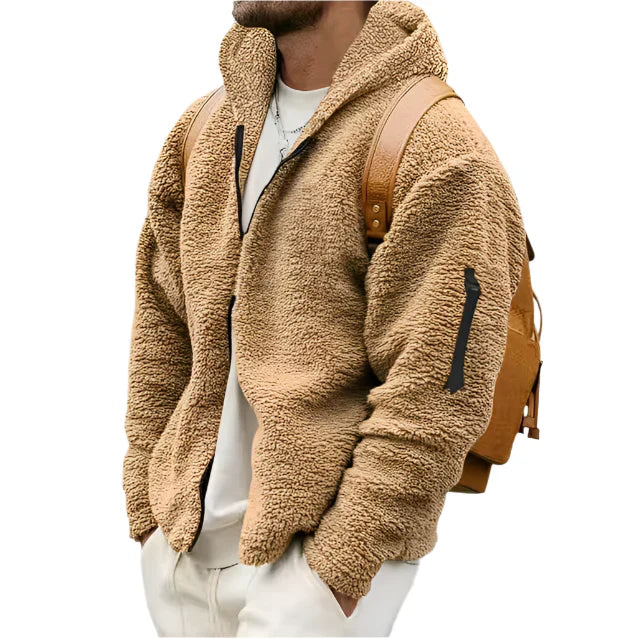 Men's fleece hoodie jacket in neutral color, full-zip style with adjustable hood and pockets, provides warmth and elegance.