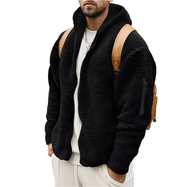 Men's fleece hoodie jacket in neutral color, full-zip style with adjustable hood and pockets, provides warmth and elegance.