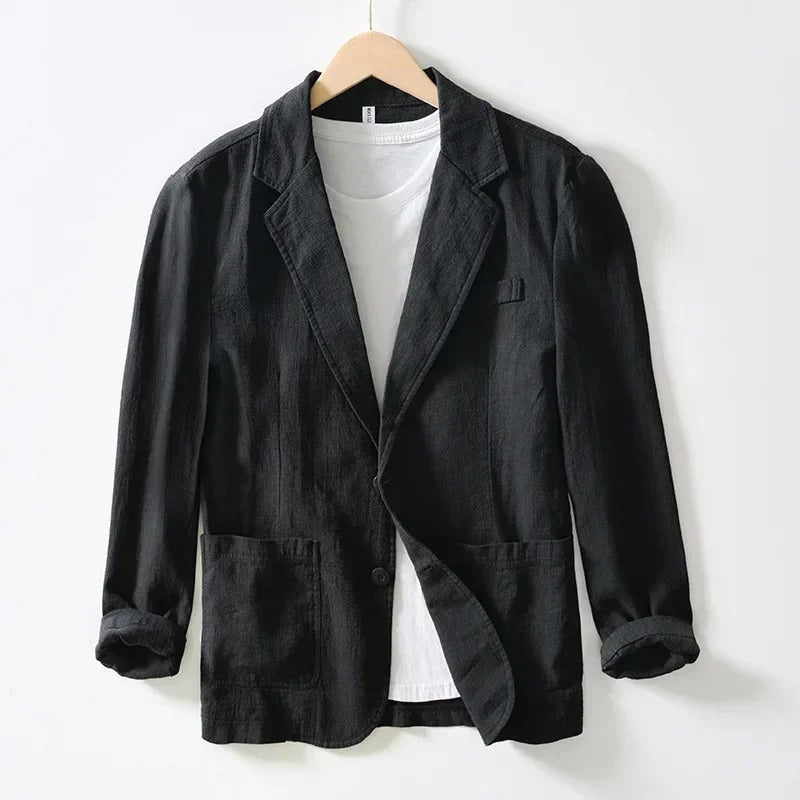 "Men's gray linen blazer, soft breathable summer jacket, front view; elegant, casual to semi-formal style."