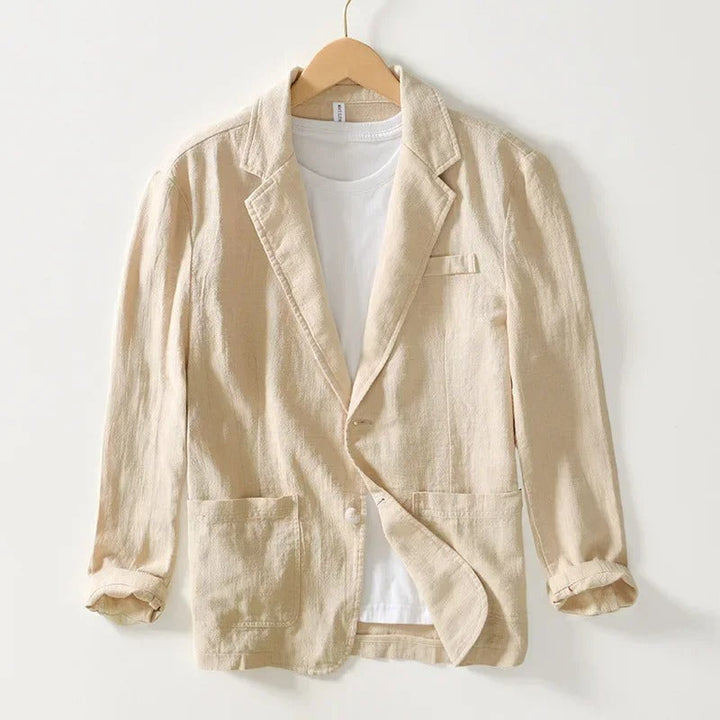 "Men's gray linen blazer, soft breathable summer jacket, front view; elegant, casual to semi-formal style."