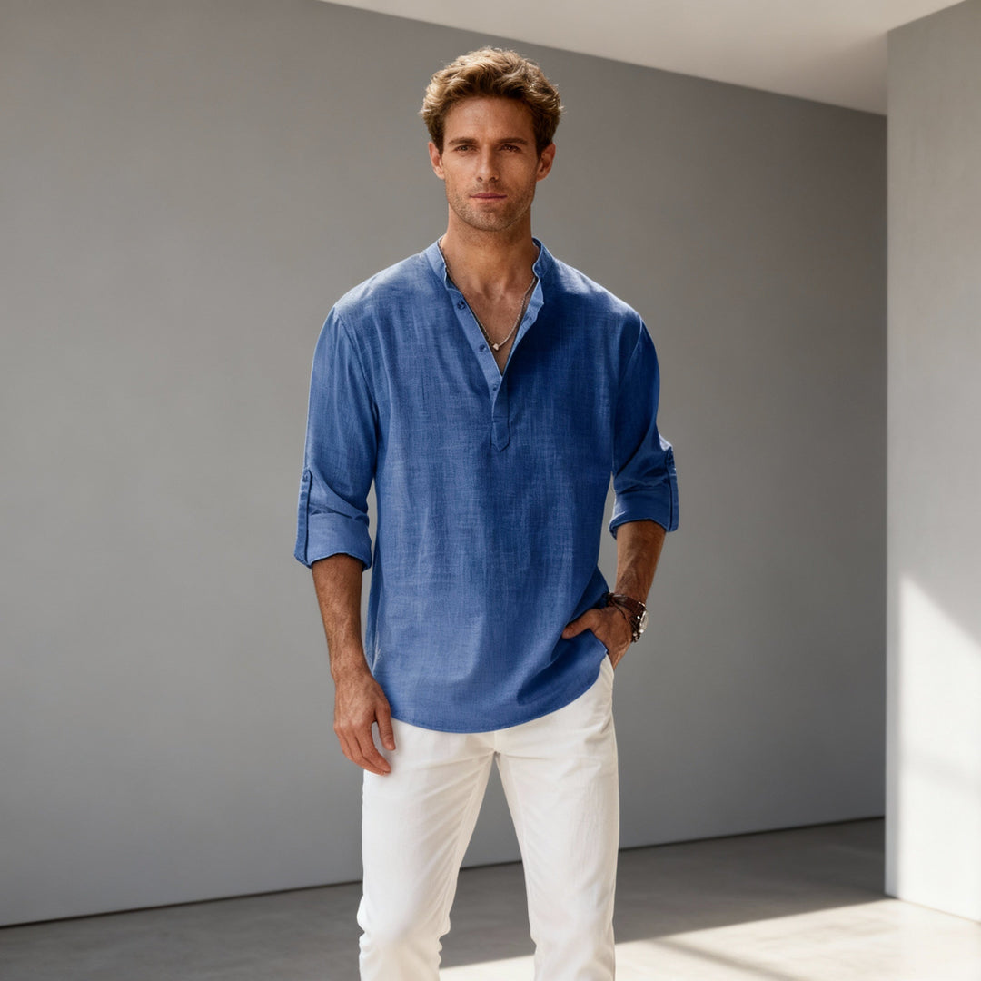 "Men's linen long sleeve polo with chino collar, half button-up design, classic fit, in timeless muted colors"