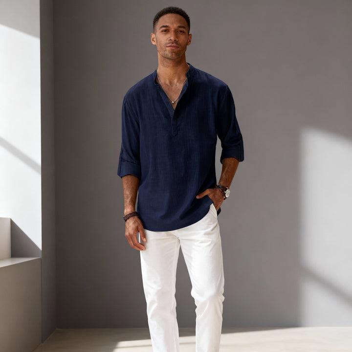 "Men's linen long sleeve polo with chino collar, half button-up design, classic fit, in timeless muted colors"