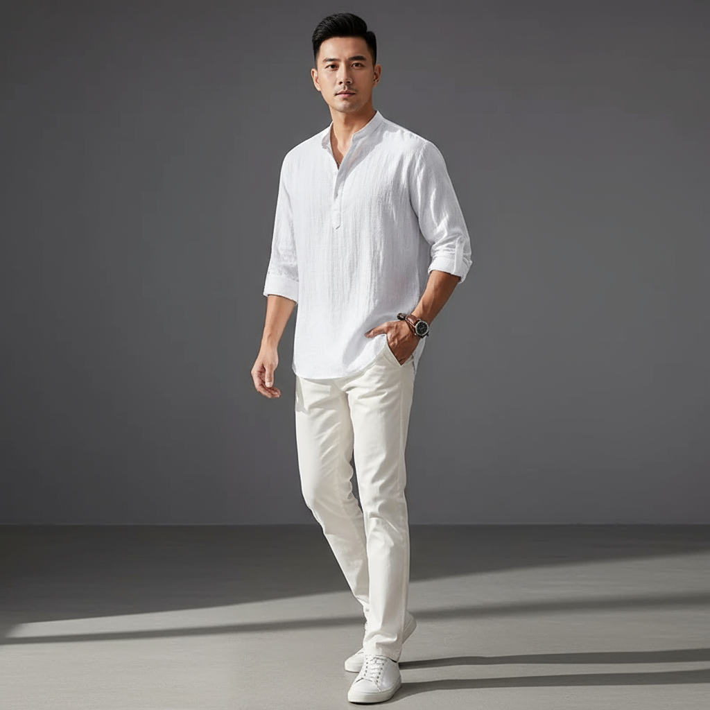 "Men's linen long sleeve polo with chino collar, half button-up design, classic fit, in timeless muted colors"