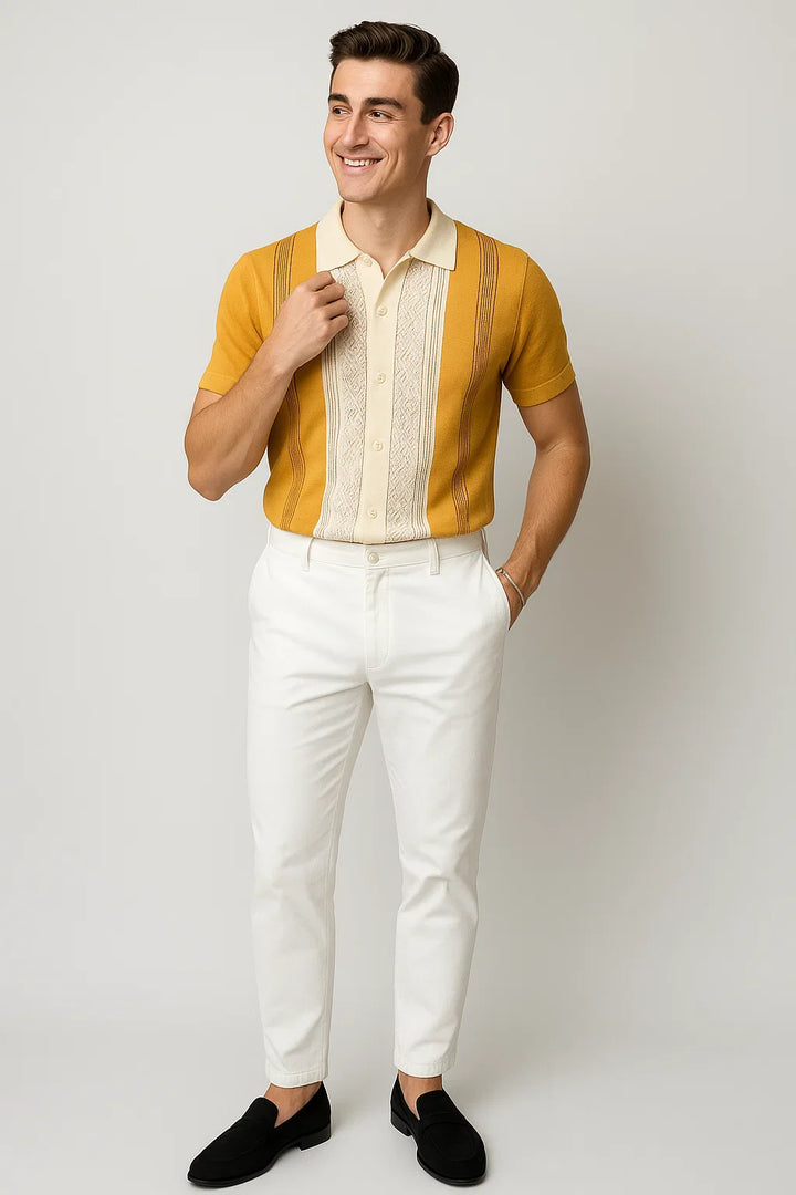 "Men's striped knit shirt short sleeve top in black and white with a classic fit and elegant stripe pattern."