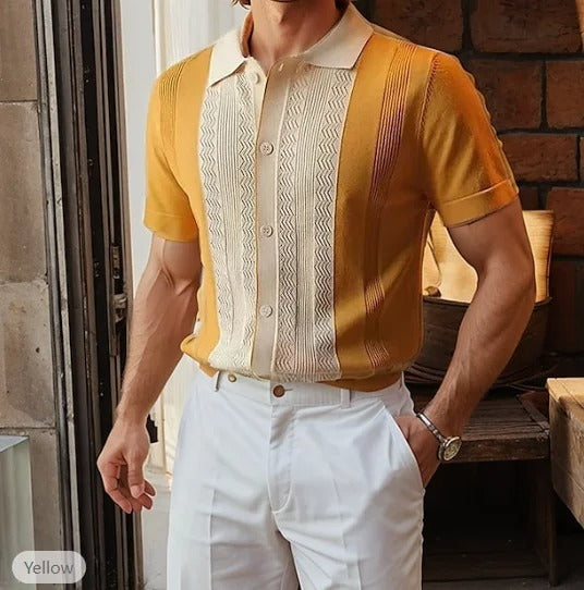 "Men's striped knit shirt short sleeve top in black and white with a classic fit and elegant stripe pattern."