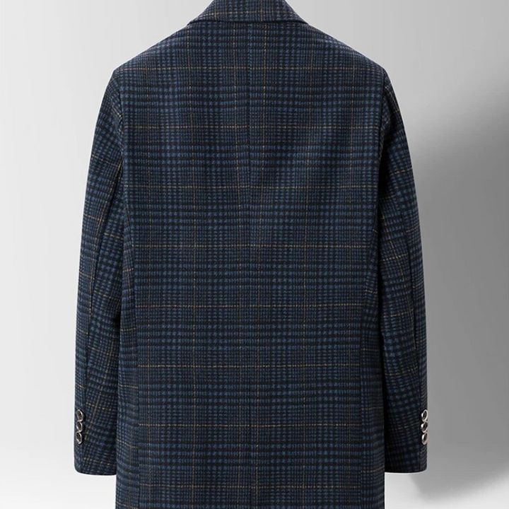 Men's tailored wool blazer with smooth cotton lining, showing elegant fit and dual pockets for stylish comfort.