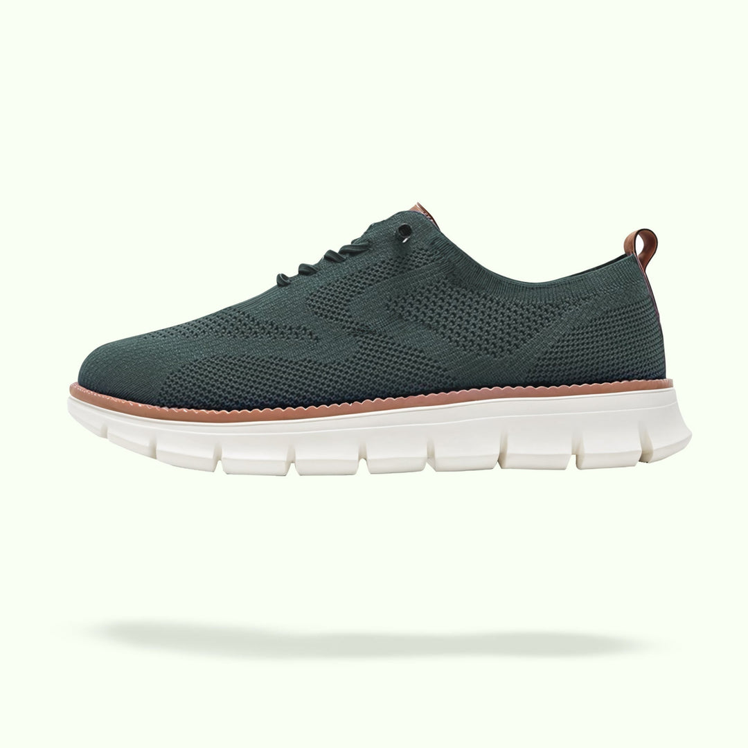 "Men's urban shoes with breathable soles and comfort fit, available in black, blue, brown, khaki, olive, and white."