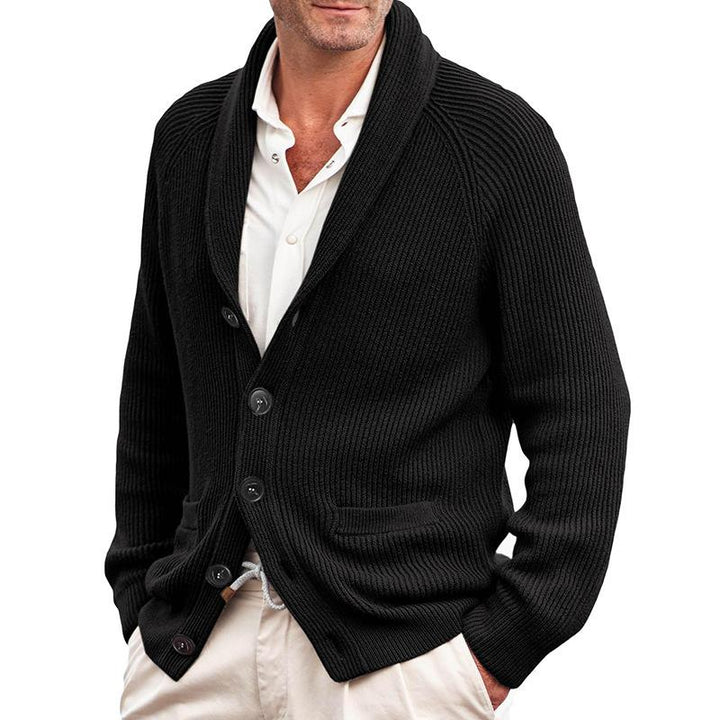 "Men's vintage knitted button-up cardigan with ribbed cuffs, brown or black, classic style for warmth and sophistication."