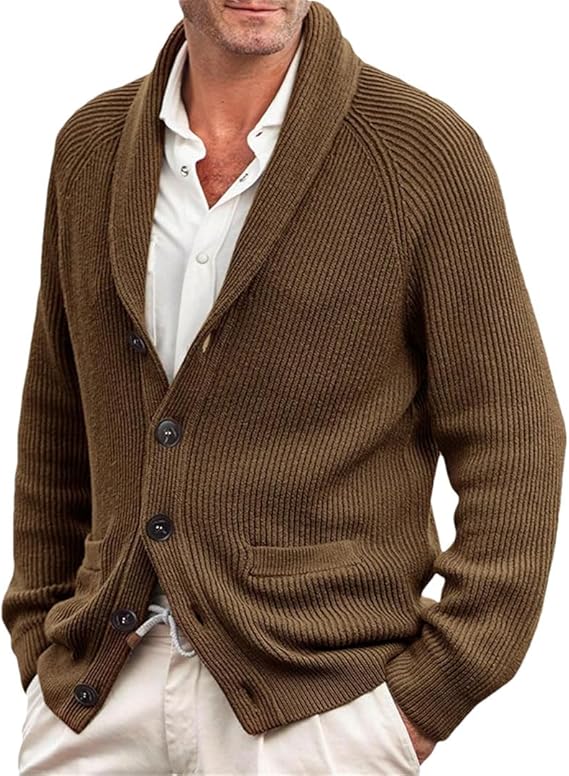 "Men's vintage knitted button-up cardigan with ribbed cuffs, brown or black, classic style for warmth and sophistication."