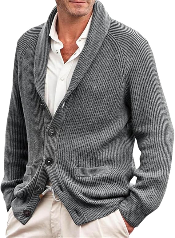 "Men's vintage knitted button-up cardigan with ribbed cuffs, brown or black, classic style for warmth and sophistication."