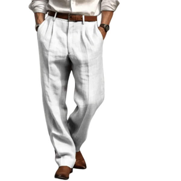 "Men's vintage loose fit linen trousers, relaxed fit, breathable, versatile colors, suitable for casual and semi-formal wear.
