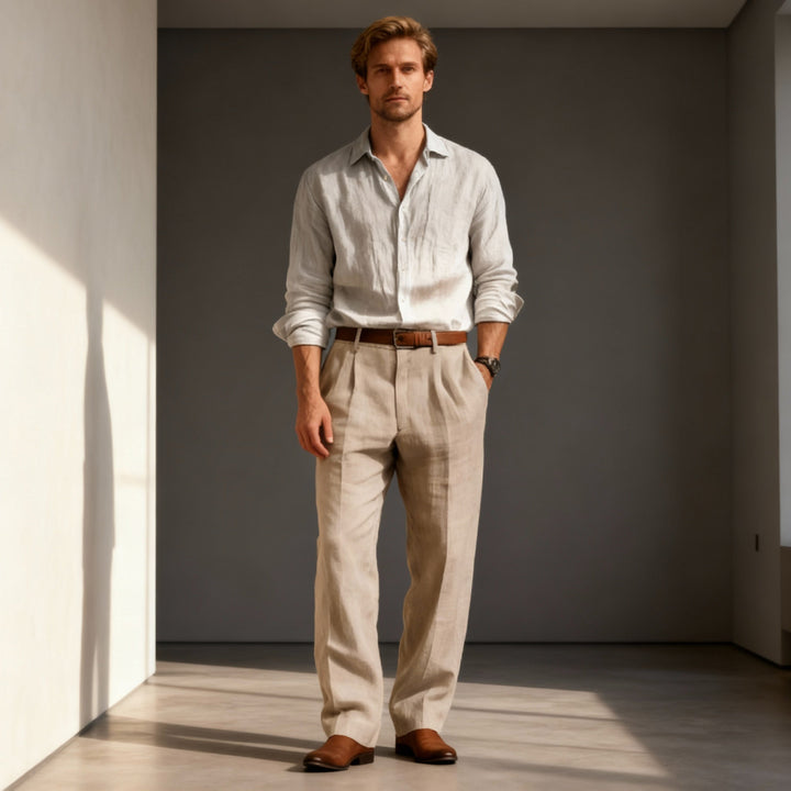 "Men's vintage loose fit linen trousers, relaxed fit, breathable, versatile colors, suitable for casual and semi-formal wear.