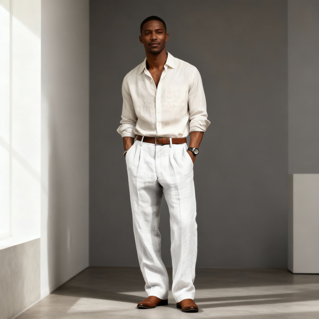 "Men's vintage loose fit linen trousers, relaxed fit, breathable, versatile colors, suitable for casual and semi-formal wear.