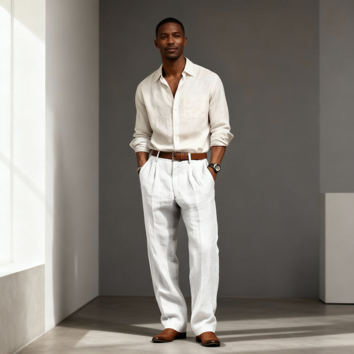 "Men's vintage loose fit linen trousers, relaxed fit, breathable, versatile colors, suitable for casual and semi-formal wear.