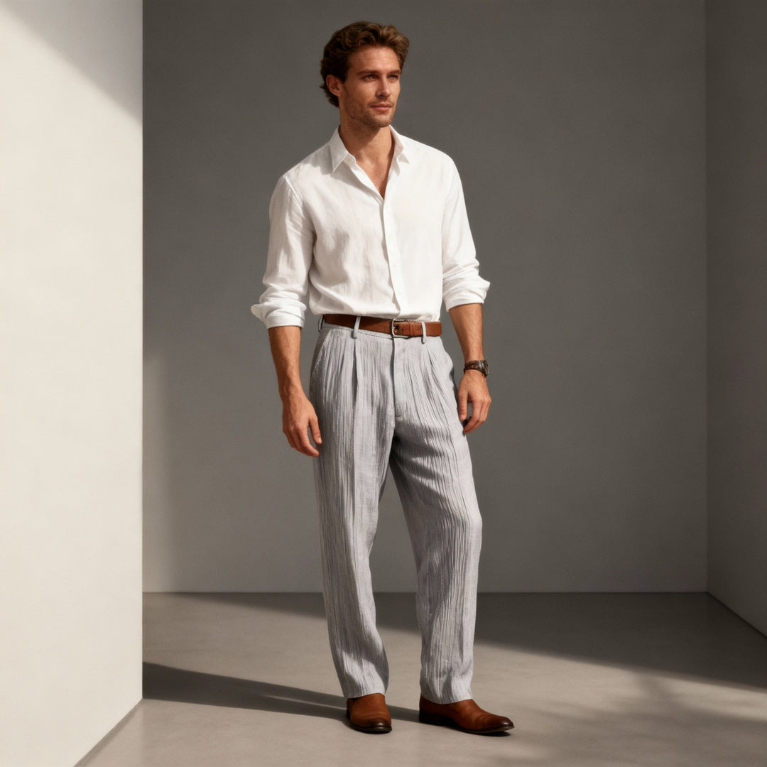 "Men's vintage loose fit linen trousers, relaxed fit, breathable, versatile colors, suitable for casual and semi-formal wear.