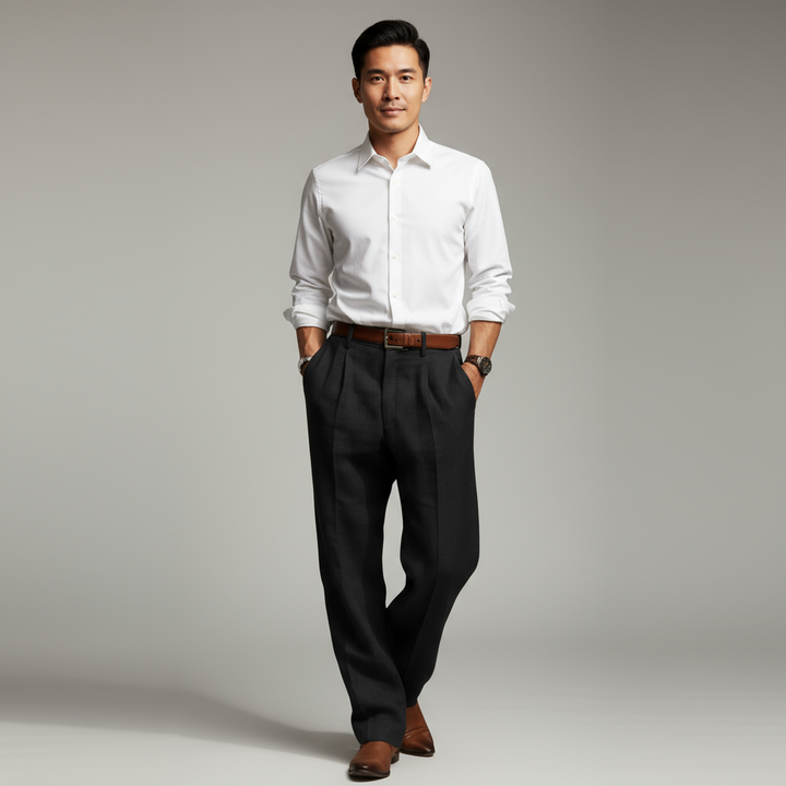 "Men's vintage loose fit linen trousers, relaxed fit, breathable, versatile colors, suitable for casual and semi-formal wear.