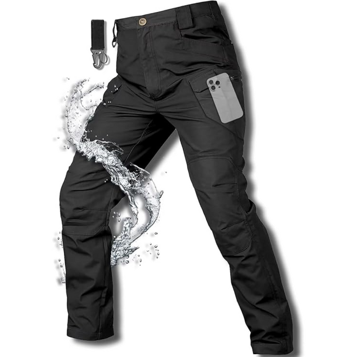 Men's waterproof fleece-lined tactical trousers with ten pockets, reinforced knees, shown outdoors for extreme weather use.