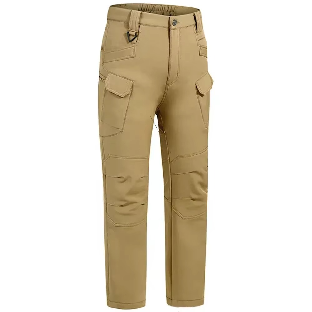 Men's waterproof fleece-lined tactical trousers with ten pockets, reinforced knees, shown outdoors for extreme weather use.