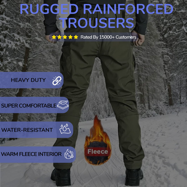 Men's waterproof fleece-lined tactical trousers with ten pockets, reinforced knees, shown outdoors for extreme weather use.
