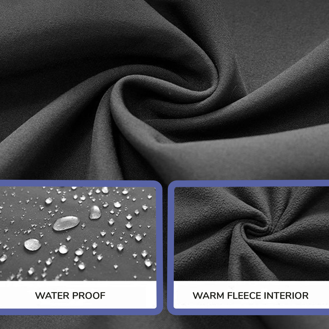 Men's waterproof fleece-lined tactical trousers with ten pockets, reinforced knees, shown outdoors for extreme weather use.