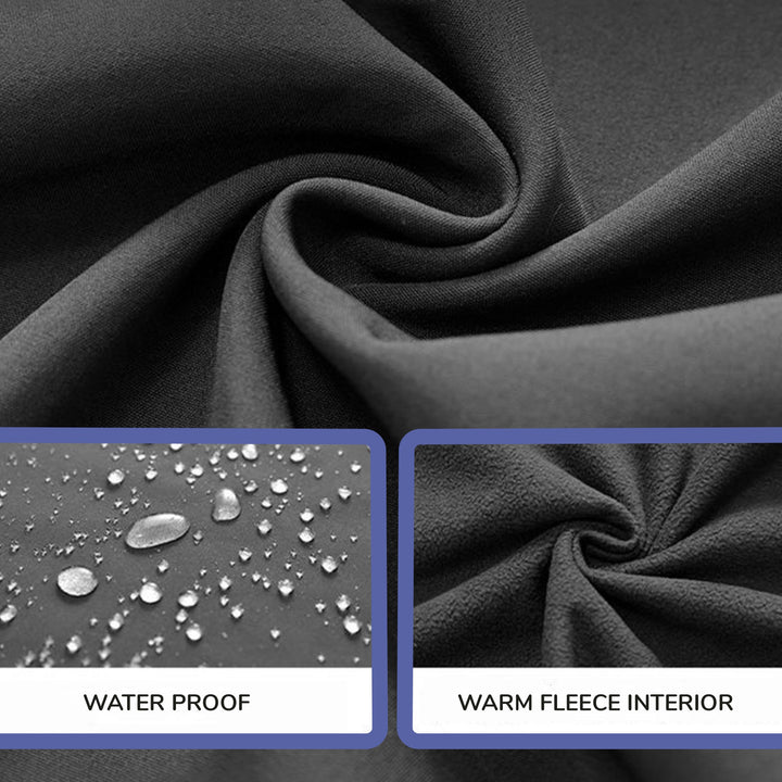 Men's waterproof fleece-lined tactical trousers with ten pockets, reinforced knees, shown outdoors for extreme weather use.