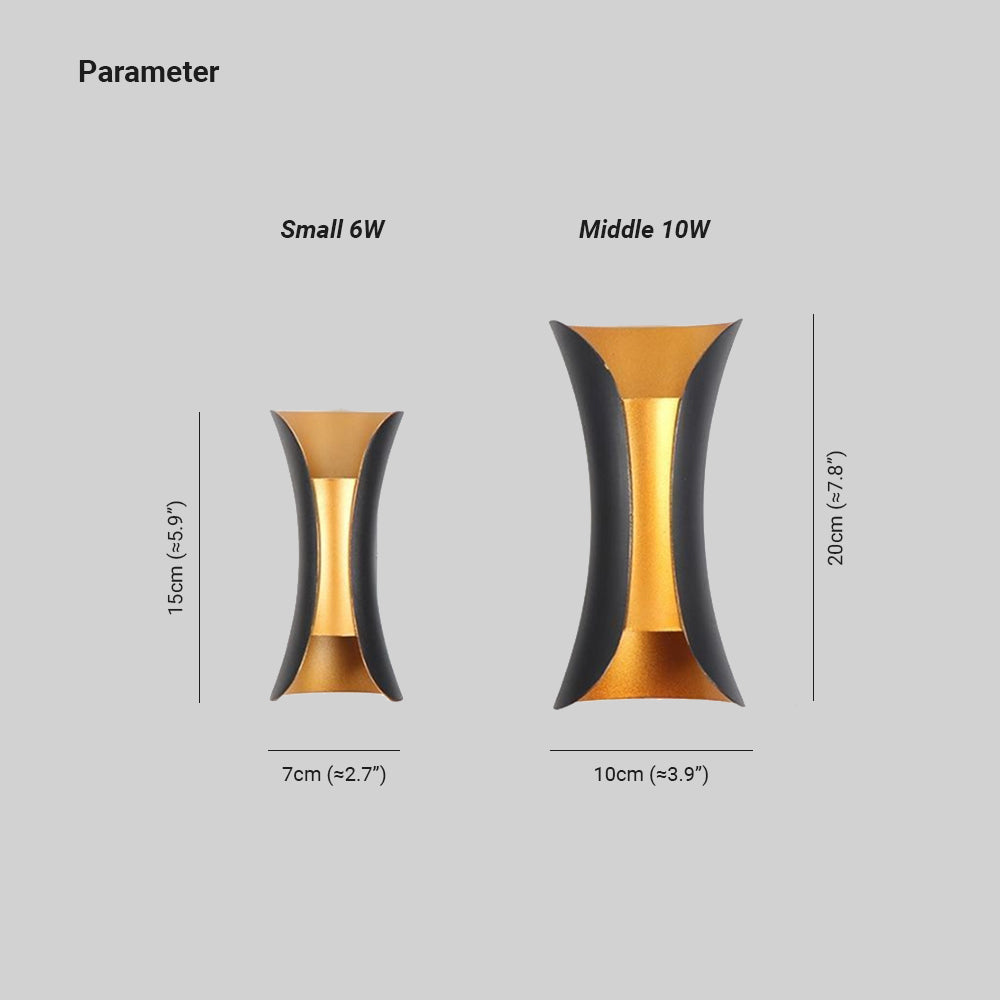 "Modern LED outdoor wall lamp, black and gold, sleek design, ideal for garden and entrance, weather-resistant and energy-effi