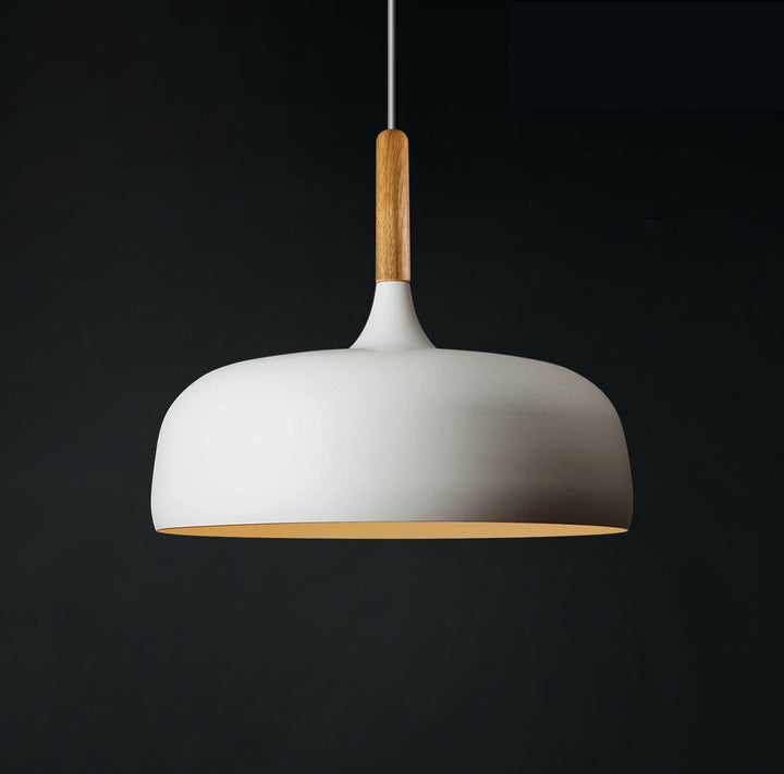 "Modern Nordic metal pendant light with timber top, matt black and white finish, E27, ideal for contemporary interiors."