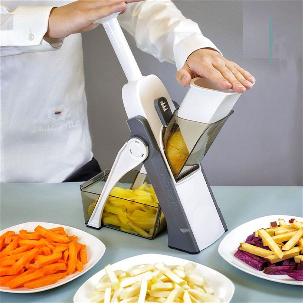Multifunctional vegetable cutter in blue, green, white; ideal for chopping and slicing fruits, compact design for easy storag