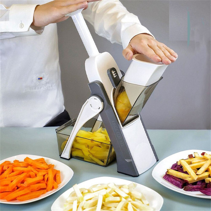 Multifunctional vegetable cutter in blue, green, white; ideal for chopping and slicing fruits, compact design for easy storag