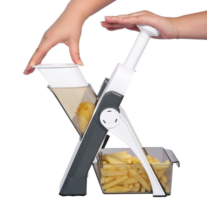 Multifunctional vegetable cutter in blue, green, white; ideal for chopping and slicing fruits, compact design for easy storag