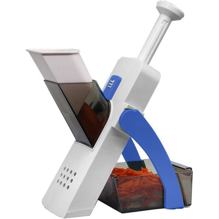 Multifunctional vegetable cutter in blue, green, white; ideal for chopping and slicing fruits, compact design for easy storag