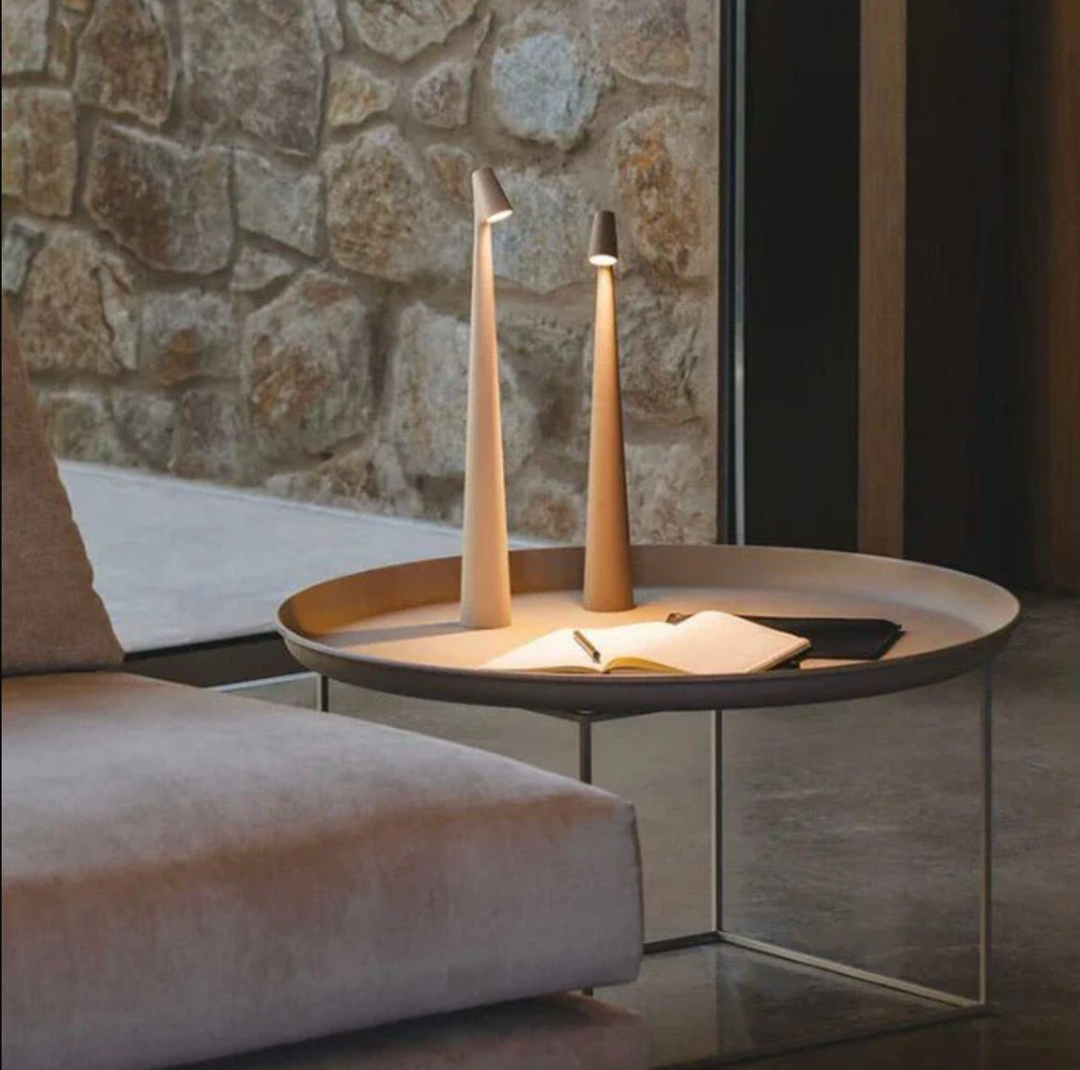 Nordic minimalist LED cordless table lamp, sleek design, aluminum body, 3-stage dimmable, perfect for modern home decor.