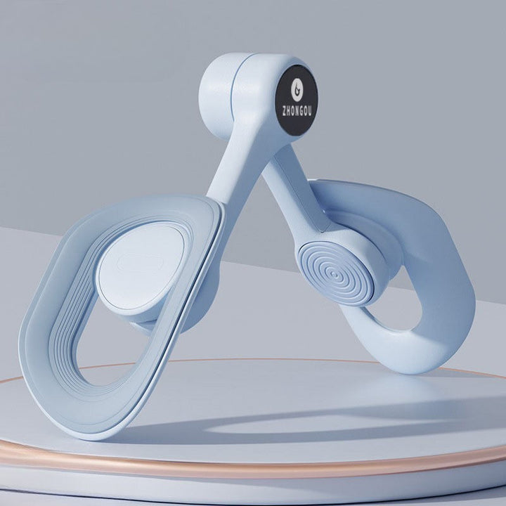 Pink adjustable pelvic and thigh trainer, compact design with digital counter, suitable for all fitness levels and portable.