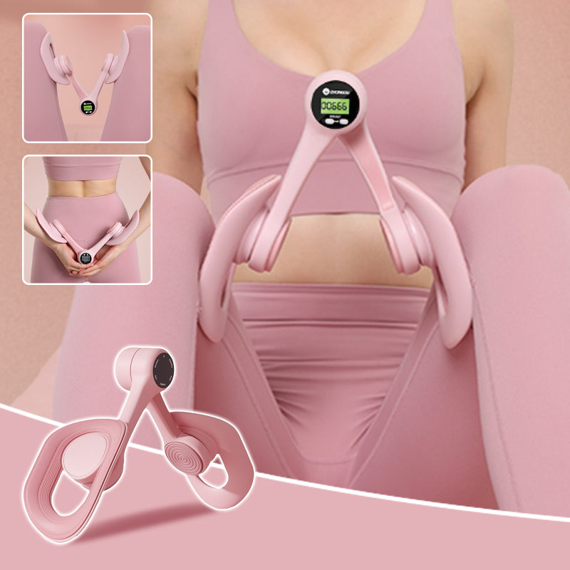 Pink adjustable pelvic and thigh trainer, compact design with digital counter, suitable for all fitness levels and portable.
