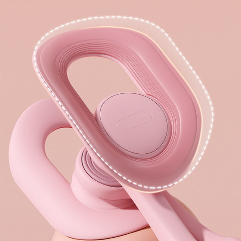 Pink adjustable pelvic and thigh trainer, compact design with digital counter, suitable for all fitness levels and portable.