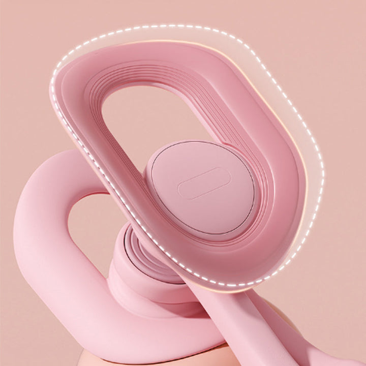 Pink adjustable pelvic and thigh trainer, compact design with digital counter, suitable for all fitness levels and portable.