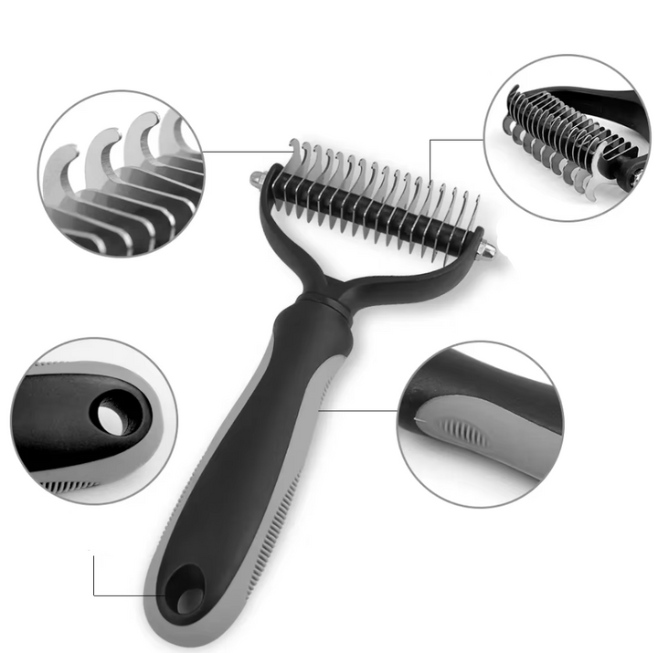 "Professional pet undercoat brush for dogs and cats, double-sided with ergonomic handle, ideal for medium to long coats."