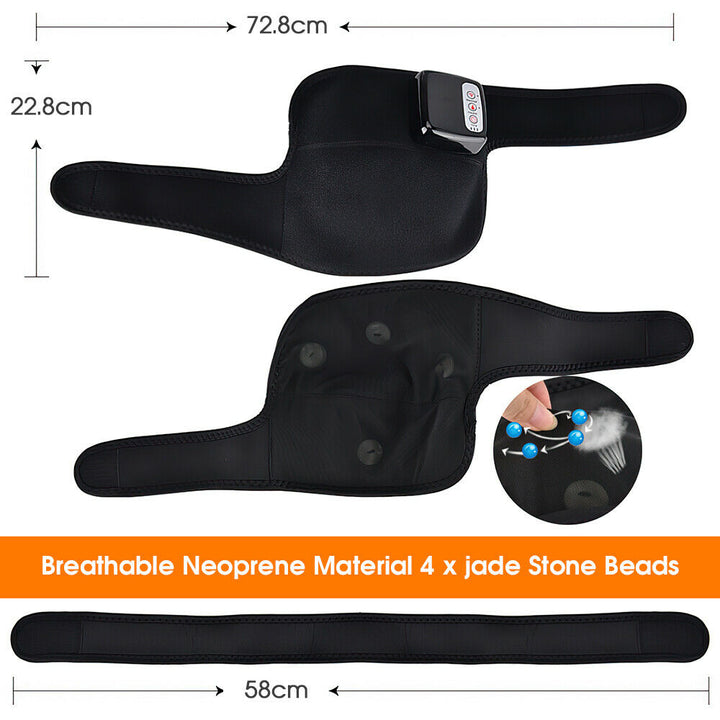 Rechargeable heated knee massager, black, combines heat and vibration for pain relief and improved blood circulation.