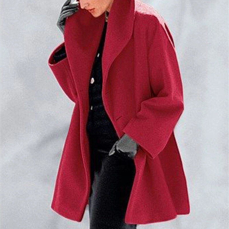Red women’s wool coat with wide collar, A-line silhouette, perfect for winter, chic and warm, stylish outerwear.