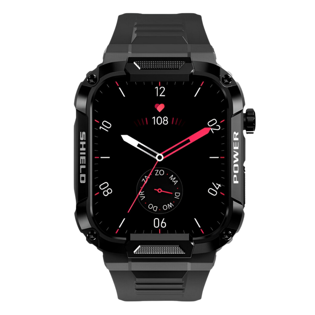 Rugged mens smartwatch, IP67 water-resistant, black, 1.85" screen, durable design for outdoor adventures.