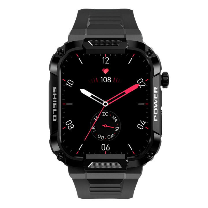 Rugged mens smartwatch, IP67 water-resistant, black, 1.85" screen, durable design for outdoor adventures.