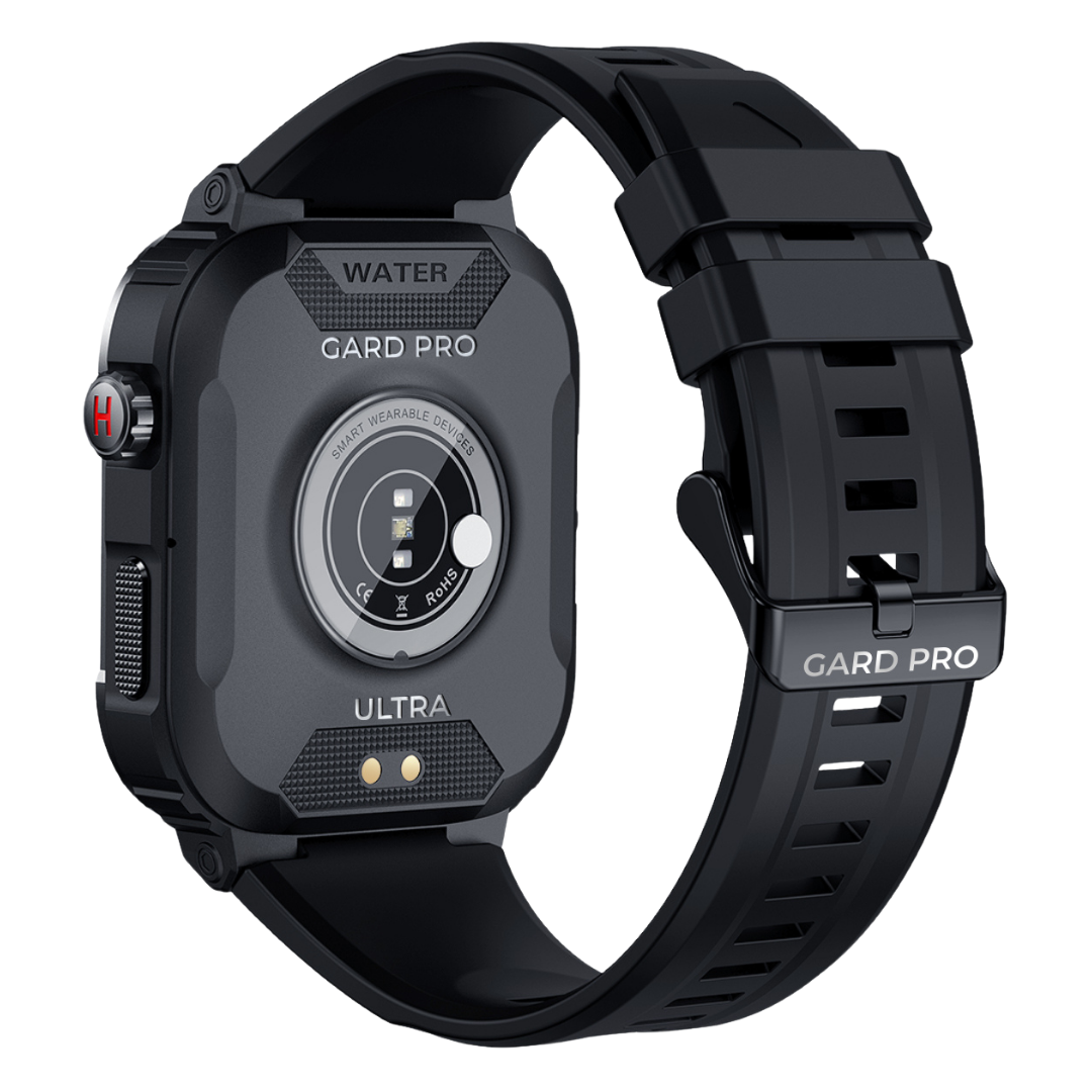 Rugged mens smartwatch, IP67 water-resistant, black, 1.85" screen, durable design for outdoor adventures.