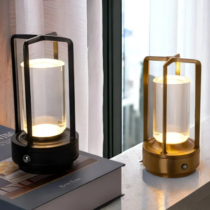 Scandinavian wireless LED table lamp with crystal-style shade and metal cage in black, gold, or silver for stylish interiors.