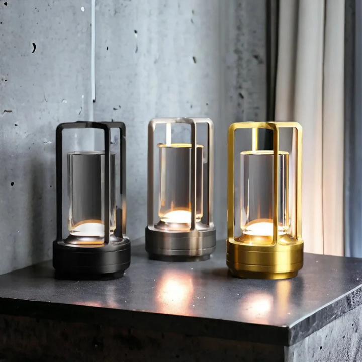 Scandinavian wireless LED table lamp with crystal-style shade and metal cage in black, gold, or silver for stylish interiors.