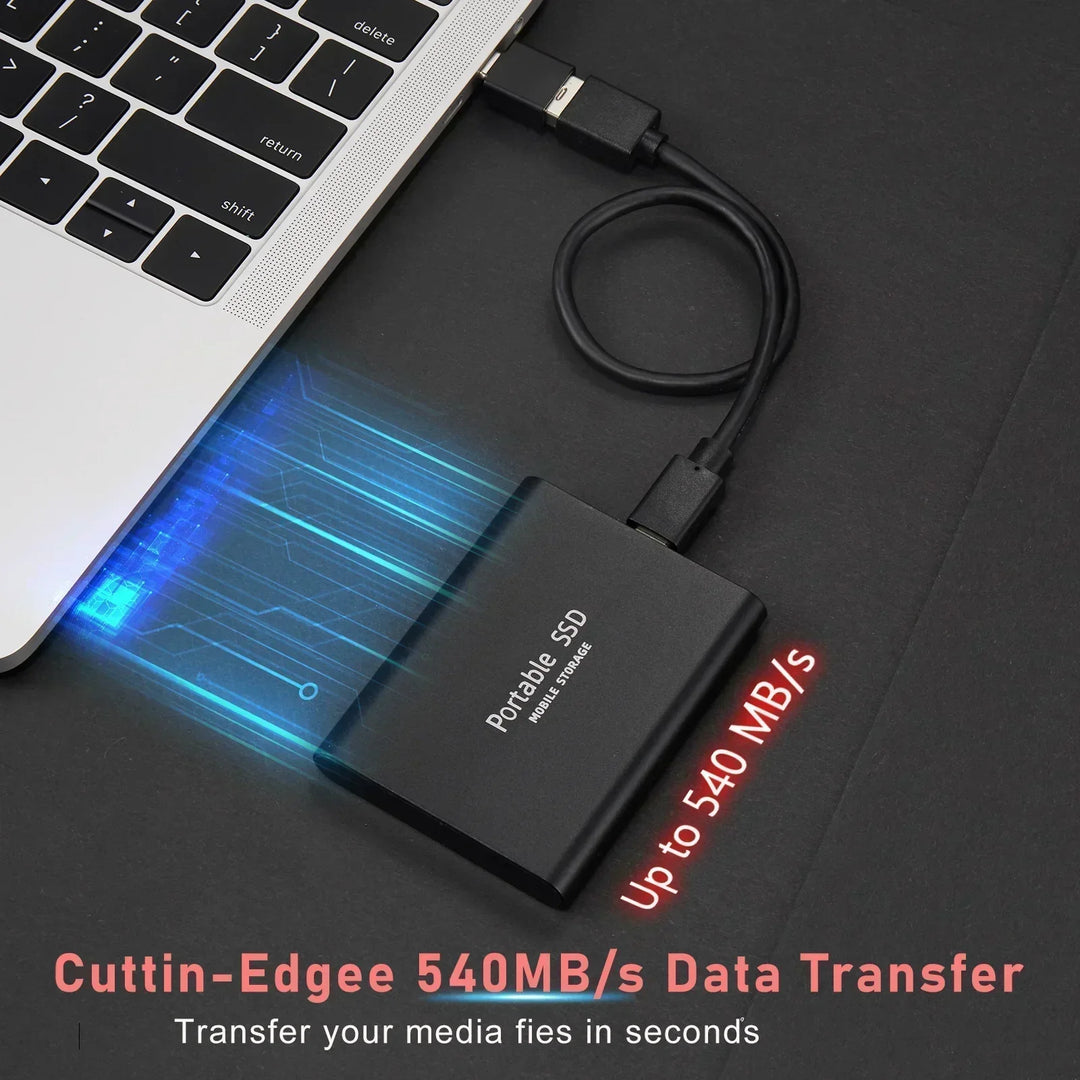 "Sleek black SpeedDrive Pro 2TB SSD, portable with USB3.1 and M.2 Type-C, ideal for fast data transfer and storage."