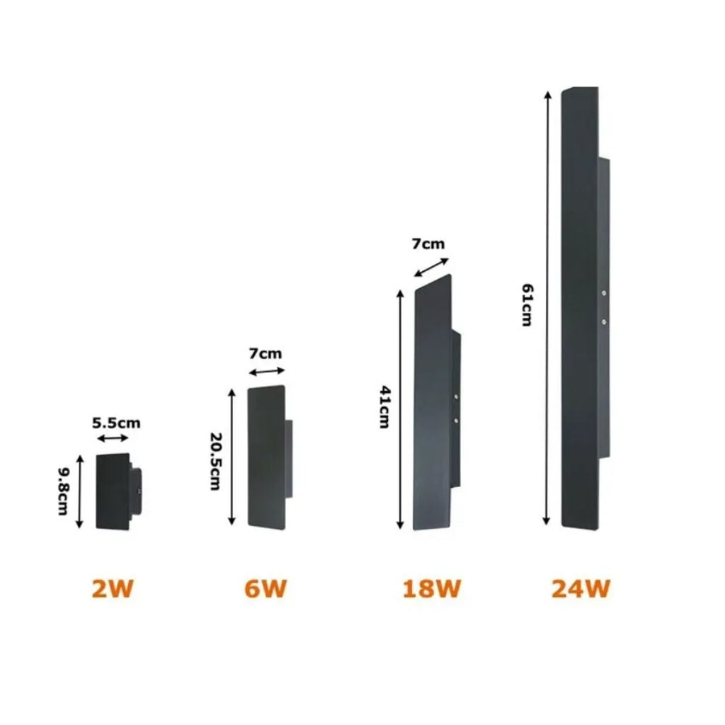 "Sleek black weatherproof LED wall light for outdoor use, featuring modern design and durable aluminum construction."
