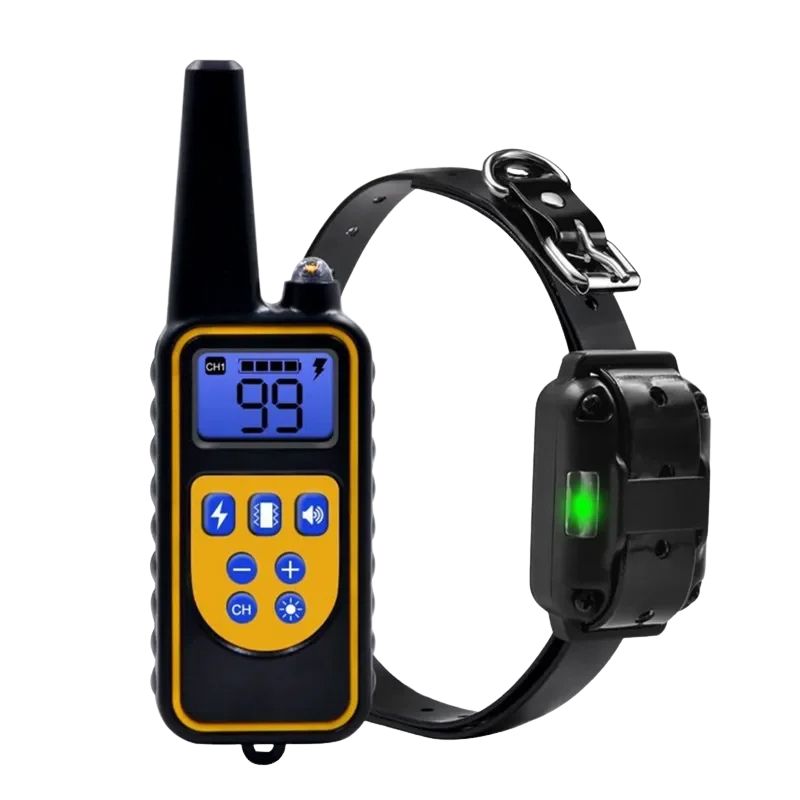"Smart dog training collar with remote, sleek design, durable plastic, stainless steel, waterproof for outdoor use."