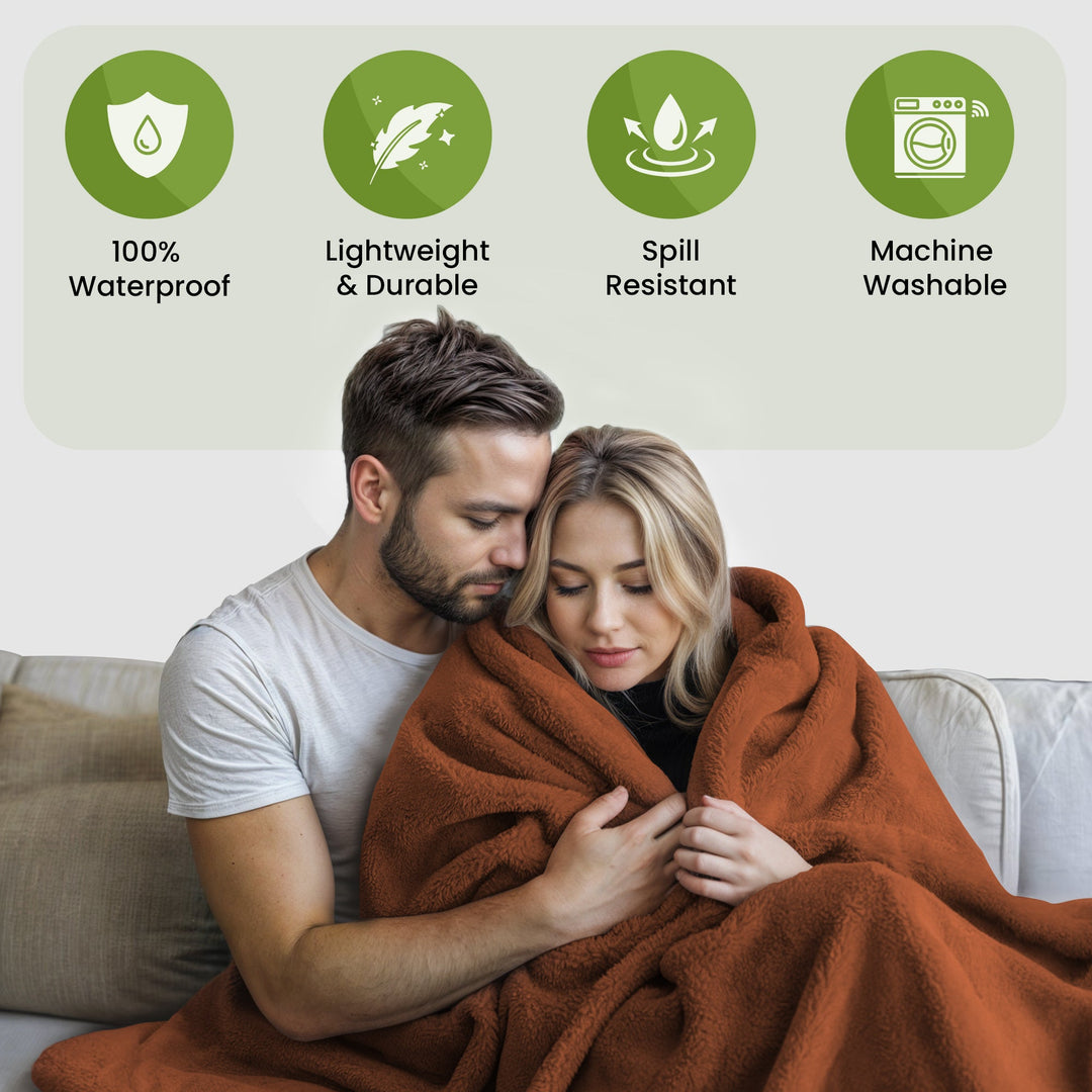 "Soft adult waterproof intimacy blanket, black, king size; sleek design, protects against spills and stains in bedrooms."