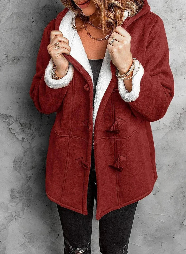 "Stylish women's fleece-lined hooded coat in various colors, ideal for warmth and casual elegance during cold months."